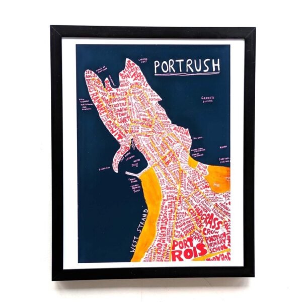 Framed map artwork of Portrush, featuring stylized red and yellow text on a dark blue background. Bold letters spell out "PORTRUSH" at the top.
