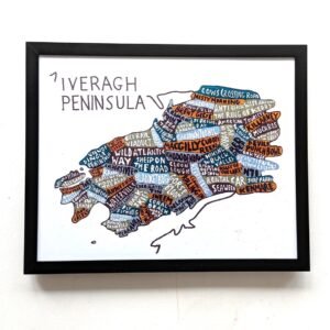Framed colorful map of Iveragh Peninsula with hand-drawn text and locations, evoking a playful and artistic exploration of the area.