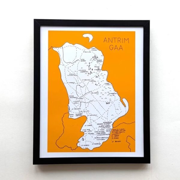 Framed map of Antrim GAA with intricate typography on a yellow background. The map's artistic design and vibrant color evoke a sense of culture and sports pride.