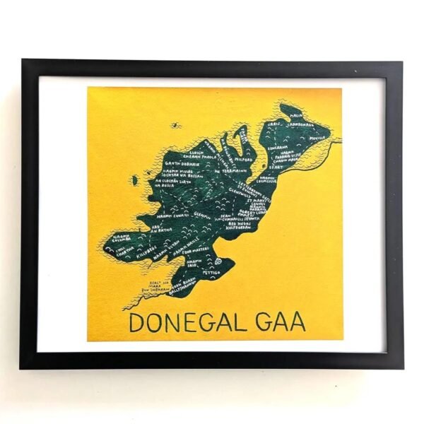 Framed artwork of a stylized Donegal map on a mustard background. The map features white text and is labelled "DONEGAL GAA" at the bottom.