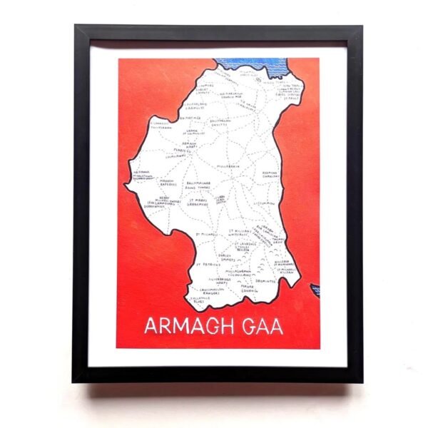 Framed artwork showing a map of Armagh GAA clubs against a red background. The map is detailed with club names, conveying a sense of local pride.