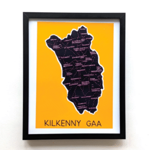 Framed poster of Kilkenny GAA map. Black county outline on orange background, detailed with white town names. Text reads "KILKENNY GAA."