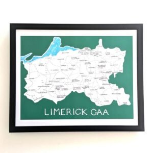 Framed map of Limerick GAA on a green background, featuring white county outlines and names of towns. Bold text below reads "Limerick GAA".
