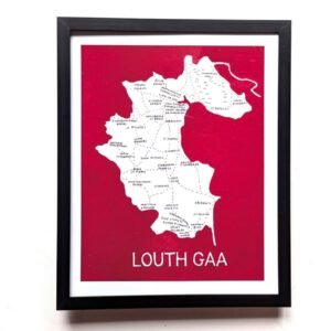 Framed map of Louth GAA clubs on a red background. The clubs are marked in white within the county’s outline, conveying community focus.
