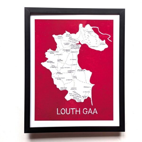 Framed map of Louth GAA clubs on a red background. The clubs are marked in white within the county’s outline, conveying community focus.