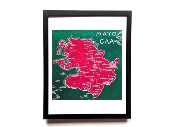 Map of County Mayo, Ireland, in GAA context. Red landmass with white Gaelic club names; green background and "Mayo GAA" text above. Vibrant, sporty tone.