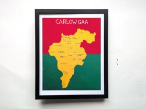Map of Carlow GAA clubs on yellow background, red above and green below. Features hand-drawn lines and names of clubs, conveying a local, community feel.