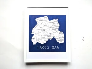 Map of Laois GAA clubs on blue background, with white outlines and text. Various town names connected by dashed lines, labeled "LAOIS GAA" below.