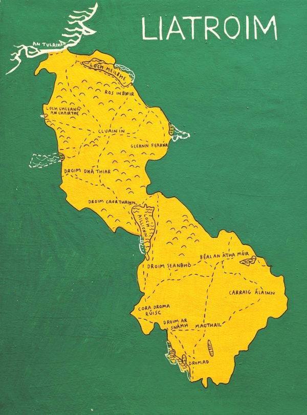 Map of Leitrim towns | Irish language version, 40cm x 30cm canvas