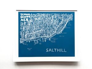 White map illustration of Salthill on a blue background, with area names in playful fonts. Coastal lines and Galway Bay included, creating a lively local feel.