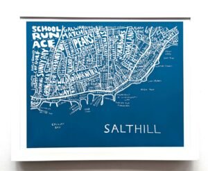 White map illustration of Salthill on a blue background, with area names in playful fonts. Coastal lines and Galway Bay included, creating a lively local feel.