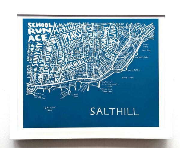 White map illustration of Salthill on a blue background, with area names in playful fonts. Coastal lines and Galway Bay included, creating a lively local feel.