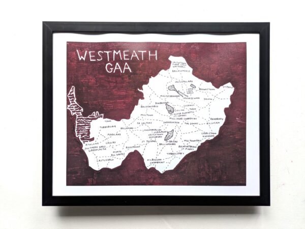 Map illustration of Westmeath GAA clubs on a dark maroon background. White outlines denote areas, with club names marked, creating a handcrafted feel.