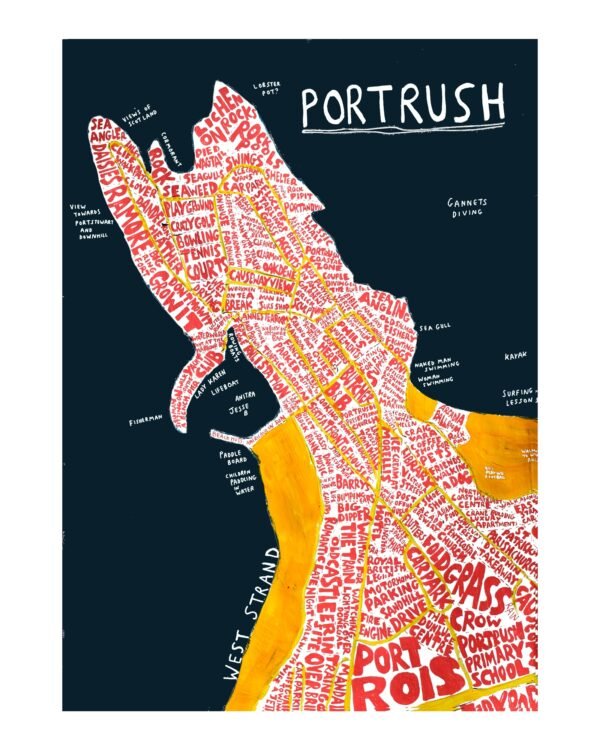 Map illustration of Portrush with artistic text in red and white forming geographical features and landmarks. Bold text spells "PORTRUSH" against a navy background.