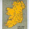 Yellow illustrated map of Ireland highlighting famous golf courses like Ballyliffin and Adare Manor, with a playful, artistic tone. Text reads "Irish Golf."
