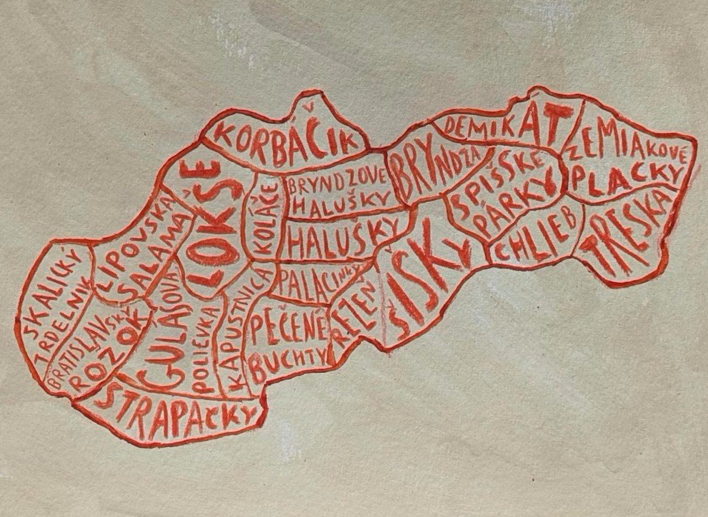 A map of Slovakia. There is a buff background with the names of various foods and drink written in red paint and pencil. The words "A taste of Slovakia' are hand written on white just beneath the map.