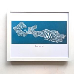 Framed map of Île de Ré with white typography forming the island's shape on a teal background. A minimalist design, conveying coastal charm.
