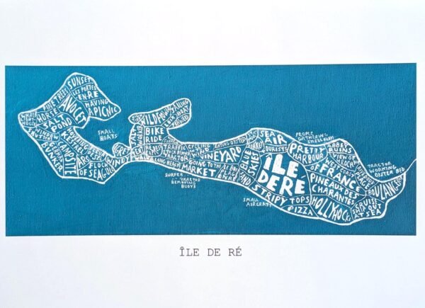 Stylized map of Île de Ré with words like "bike ride" and "sea air" forming the island shape against a blue background, conveying a travel theme.
