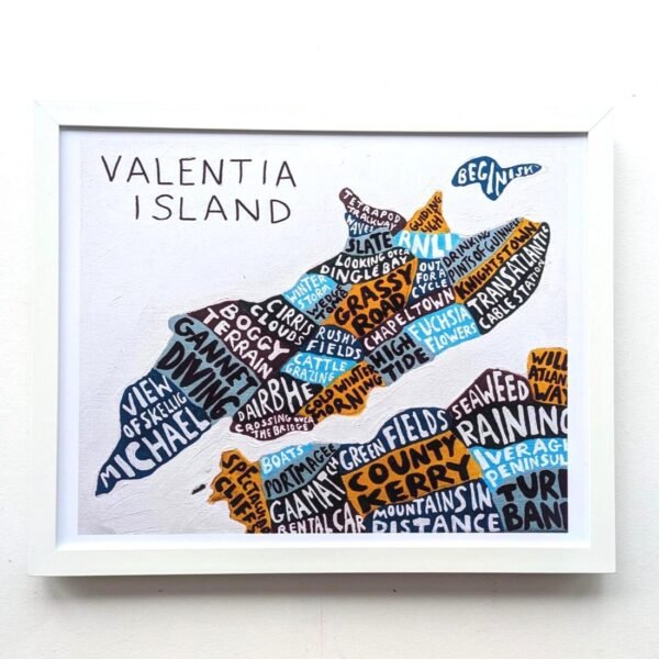 Framed artwork of Valentia Island. Island shape filled with colorful words; vibrant tones emphasize local landmarks and scenery. Mood is artistic and playful.