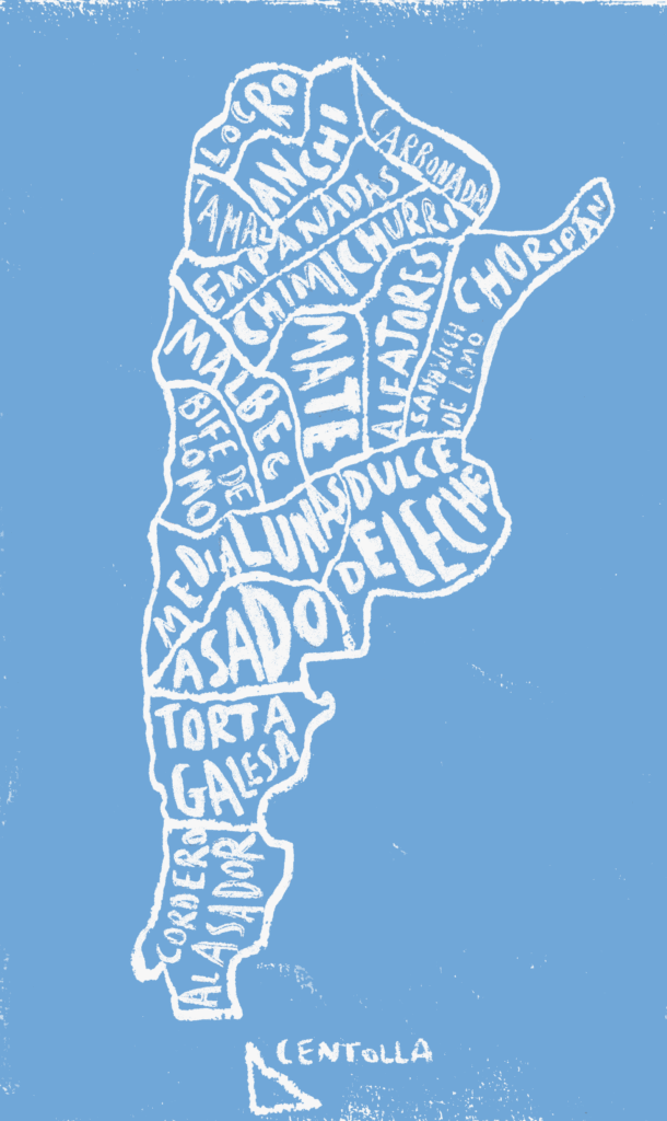 Map of Argentina in white on a blue background features regional foods like empanadas, chimichurri, and dulce de leche, conveying cultural diversity.