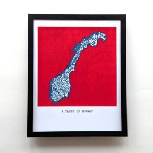Framed artwork on a white wall featuring the names of traditional Norwegian foods in blue on a red background. Text reads "A Taste of Norway" below the image.
