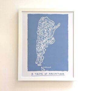 Framed artwork of Argentina's map with blue background. The map is composed of words related to Argentine cuisine. Below it reads "A Taste of Argentina."