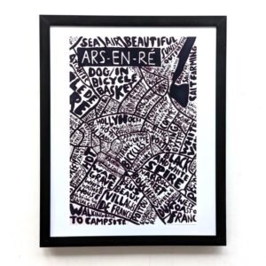 Framed black and white typography map of Ars-en-Ré. Dense text forms the shape of the town, featuring words like "sea air" and "bicycle." Minimalist vibe.