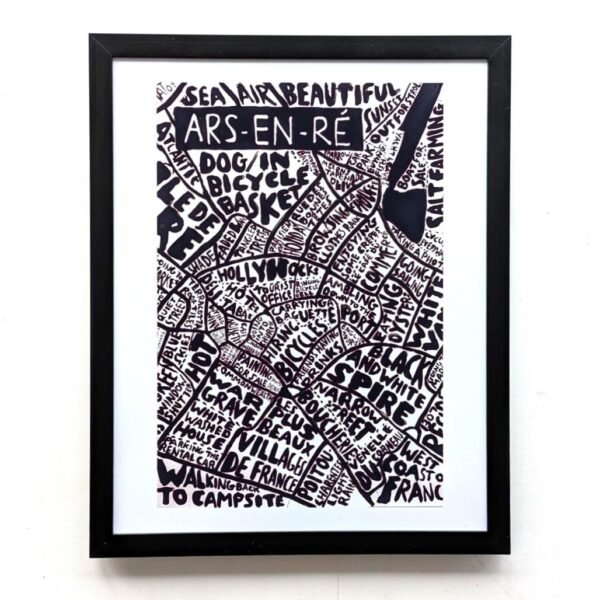Framed black and white typography map of Ars-en-Ré. Dense text forms the shape of the town, featuring words like "sea air" and "bicycle." Minimalist vibe.