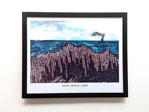Framed artwork titled "North Antrim Coast" depicts a stylized seascape. The blue ocean has text patterns resembling waves under a bright sky.