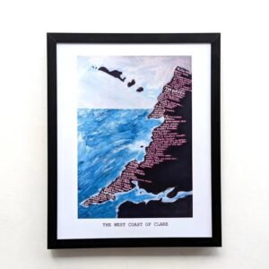Framed map illustration titled "The West Coast of Clare" features a textured depiction of land in black with white text, against a blue and white sea background.