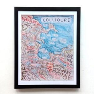 Framed illustration of Collioure with artistic map. Words like "Vermillion Coats" and "Catalan" form landscape elements against a blue ocean background.