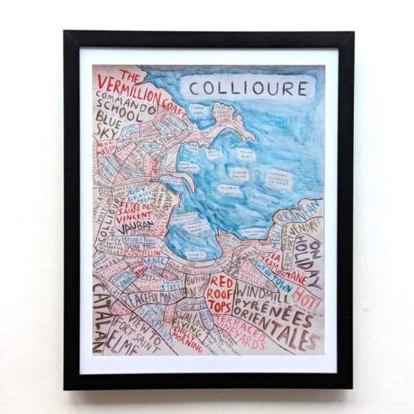 Framed illustration of Collioure with artistic map. Words like "Vermillion Coats" and "Catalan" form landscape elements against a blue ocean background.