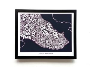 Framed typographic map of Cooley Peninsula in black and white, with place names forming the shape of the region. Bold, artistic, and intricate.