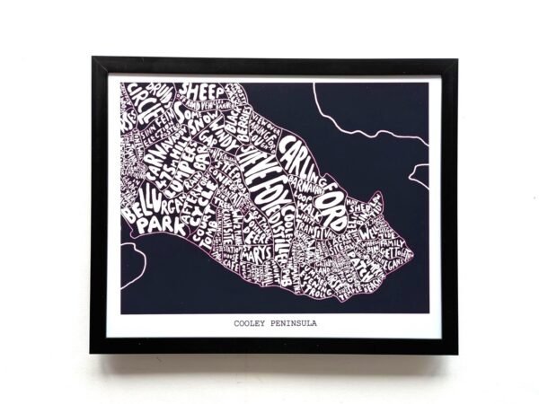Framed typographic map of Cooley Peninsula in black and white, with place names forming the shape of the region. Bold, artistic, and intricate.