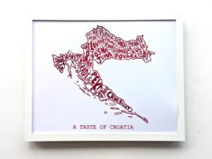 Framed artwork depicts Croatia's map using food names in red text on a white background. Below, "A Taste of Croatia" is written, conveying cultural flavour.