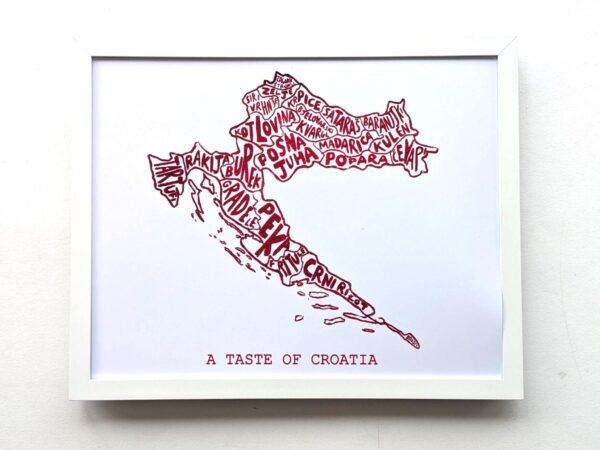 Framed artwork depicts Croatia's map using food names in red text on a white background. Below, "A Taste of Croatia" is written, conveying cultural flavour.
