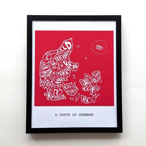 A framed food map of Denmark in white text on a red background, titled "A Taste of Denmark." Minimalist and artistic design.