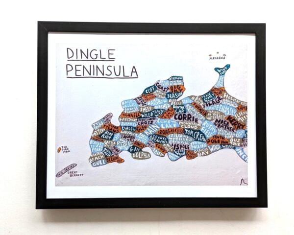 Framed illustration of Dingle Peninsula made of colorful words and phrases in different fonts, depicting geographic locations and cultural references.