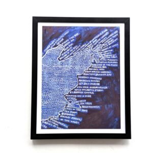 Framed map art of Donegal Bay with text in white on a blue background, resembling a coastal map with place names and phrases, evoking a nautical and adventurous feeling.