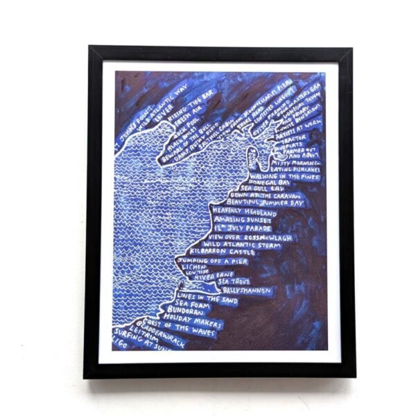 Framed map art of Donegal Bay with text in white on a blue background, resembling a coastal map with place names and phrases, evoking a nautical and adventurous feeling.