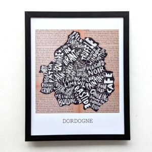 Framed map of Dordogne with place names as text art over a brown and white background. Keywords include "grapes," "rivers," and "medieval."