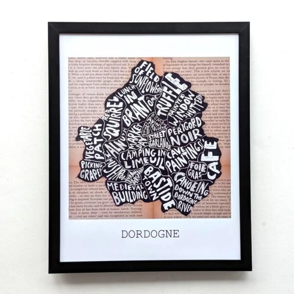 Framed map of Dordogne with place names as text art over a brown and white background. Keywords include "grapes," "rivers," and "medieval."