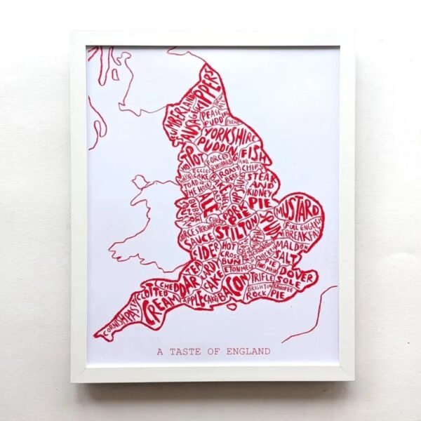 A framed artwork titled "A Taste of England," depicting a red typographic map of England. The map is filled with food-related words, against a plain background.