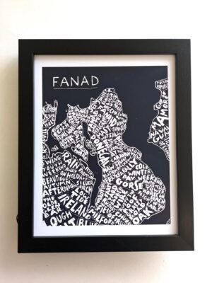 Black and white map artwork of Fanad, Ireland, with place names creatively illustrated in bold typography. Framed, conveying a sense of locality and artistry.