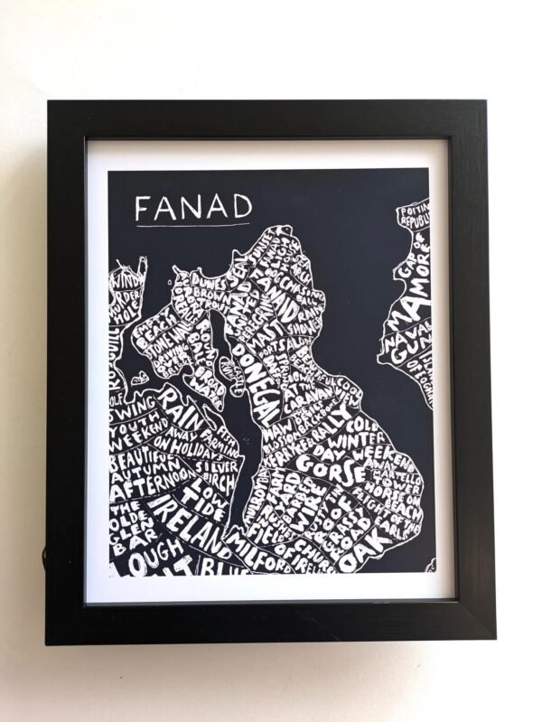 Black and white map artwork of Fanad, Ireland, with place names creatively illustrated in bold typography. Framed, conveying a sense of locality and artistry.