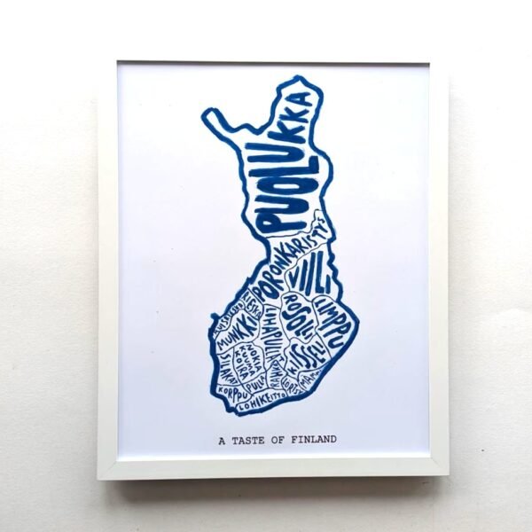 Framed artwork titled "A Taste of Finland," featuring Finland's outline filled with blue text of regional food names on a white background.