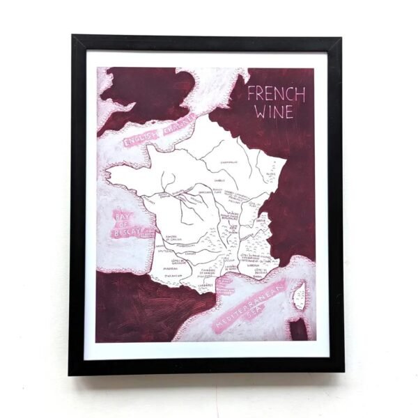 Framed map of France with regions outlined in white against a burgundy background, labelled "French Wine." It evokes a vintage and elegant feel.