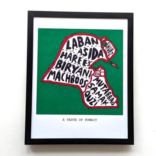 Framed artwork with map of Kuwait against a green background, filled with dish names like Laban and Biryani. Below reads "A Taste of Kuwait".