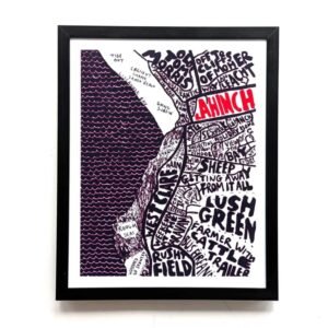 Framed artwork featuring a map of Lahinch with intricate text patterns highlighting geographical features, in black and red on white background, conveying a whimsical tone.