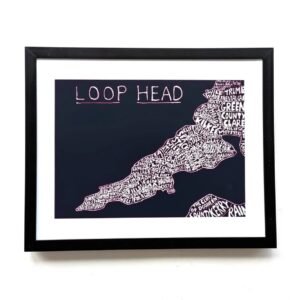 Framed artwork titled "Loop Head" features a stylized map with place names forming the land shape. The map is set against a dark background. Keywords like "Cliffs" and "County Clare" are prominent.